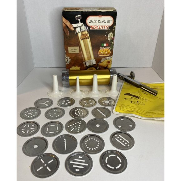 Marcato Kitchen Marcato Atlas Biscuit Maker Cookie Press 7836 Italy 20 Disc 4 Tips Box